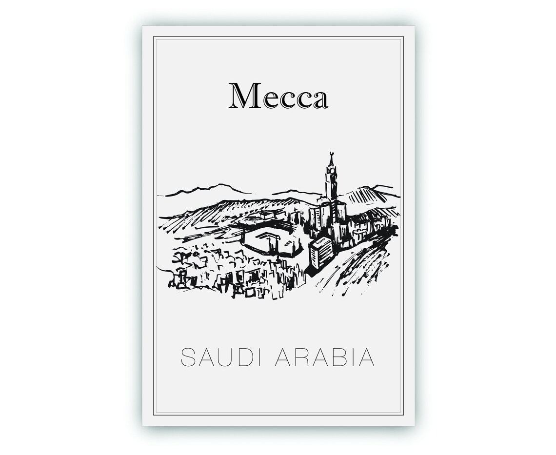 Mecca Saudi Arabia Hand Drawn Cityscape Mountain Skyline Travel Poster - Image 2