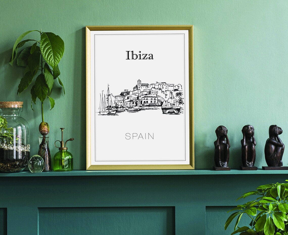 Ibiza Spain Old Town Harbor Sailboats Hand Drawn Line Art Poster - Image 3