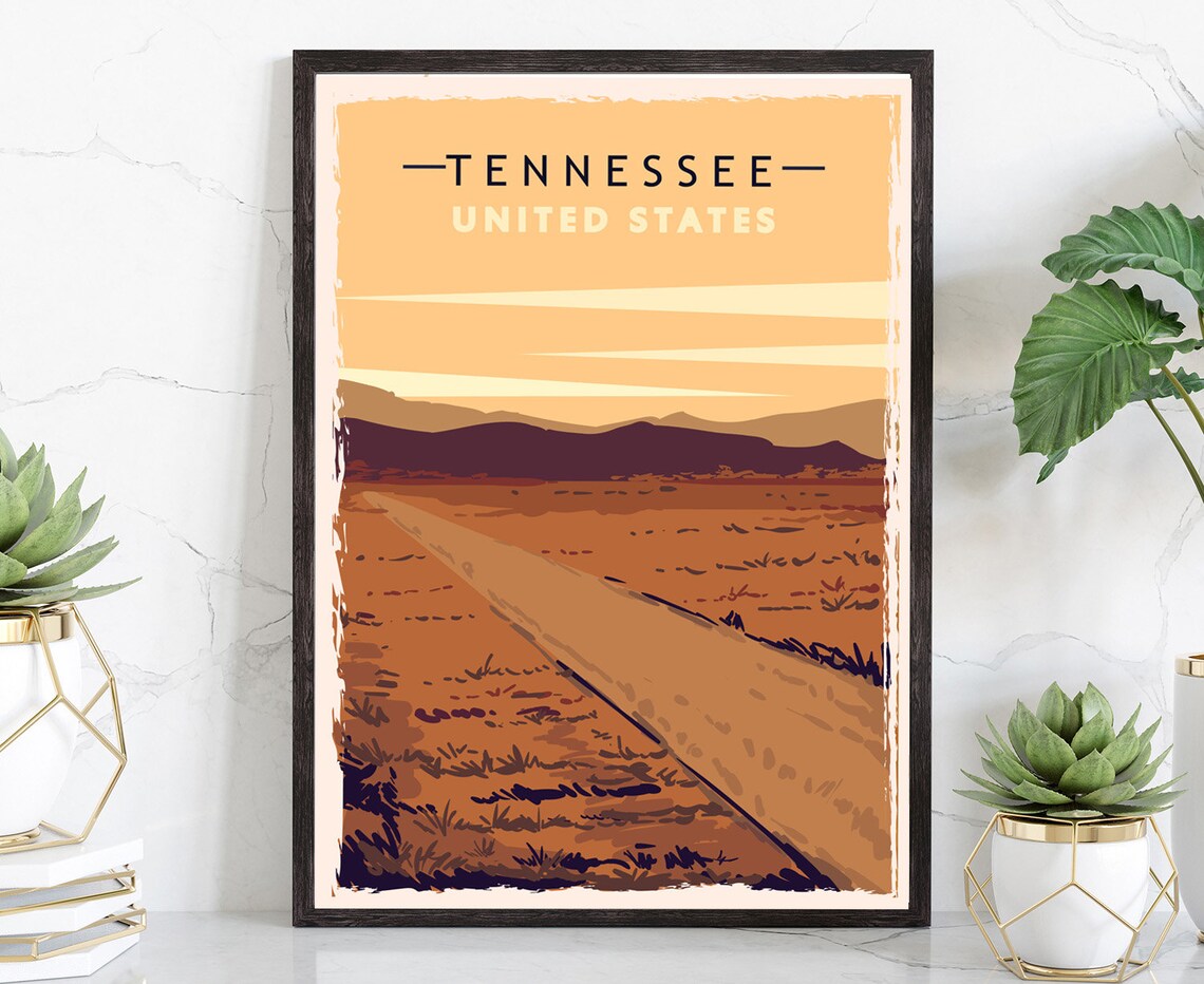 Tennessee United States Vintage Field Road Sunset Travel Poster