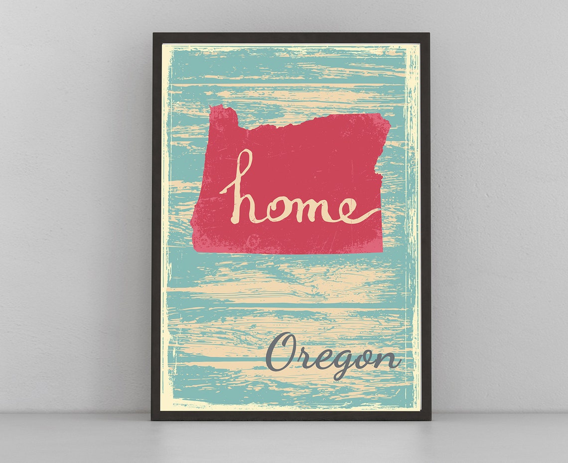 Oregon Home State Red Silhouette Vintage Distressed Teal Map Poster