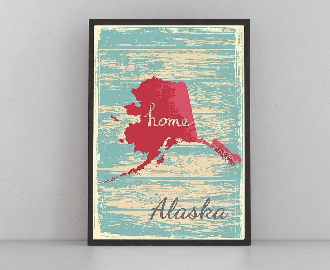 Alaska Home State Red Silhouette Vintage Distressed Teal Map Poster