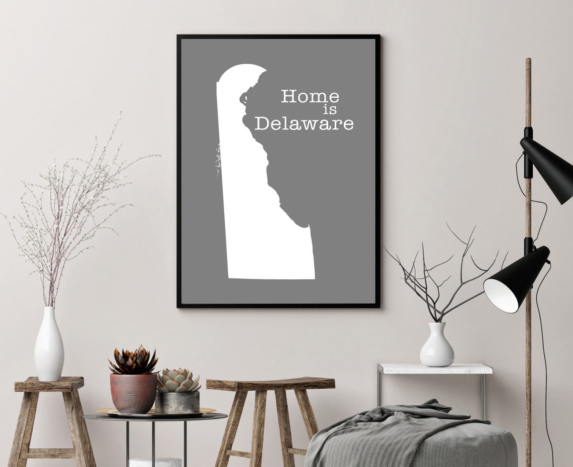 Delaware Home Is Gray Minimalist State Map Silhouette Wall Art Print - Image 3