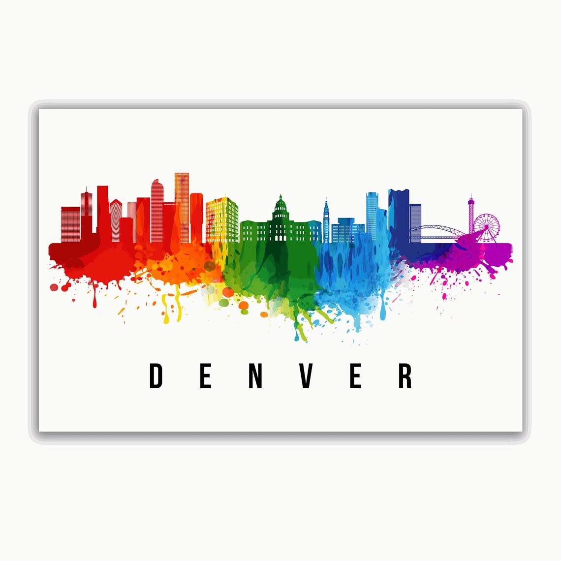 Denver Colorado Rainbow Watercolor Skyline Ferris Wheel Travel Poster - Image 2