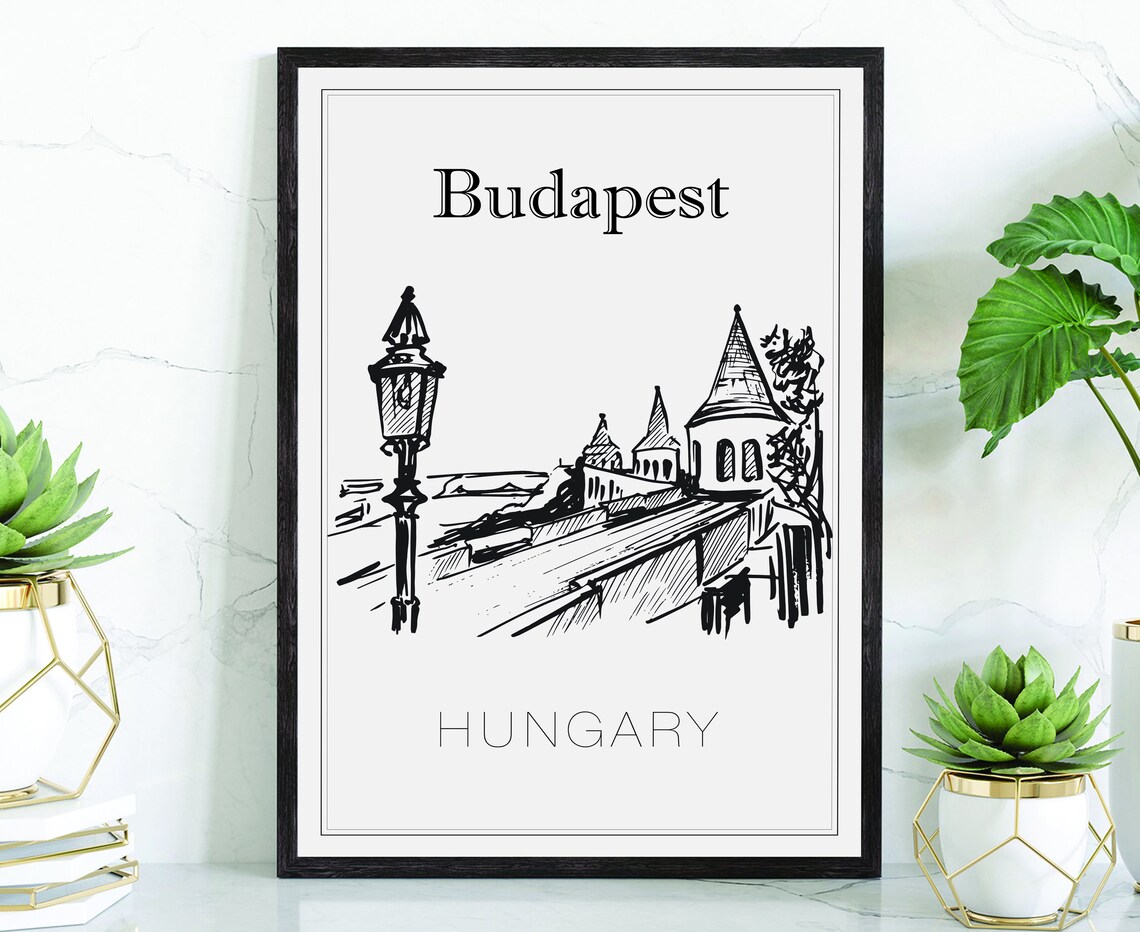 Budapest Hungary Fishermans Bastion Turrets Hand Drawn Sketch Poster