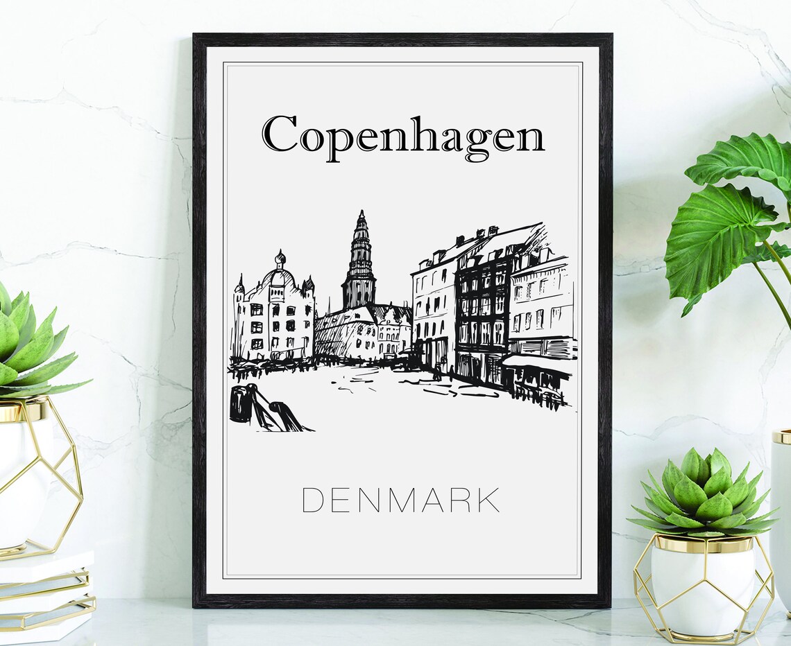 Copenhagen Denmark Hand Drawn Old Town Square Sketch Wall Art Poster
