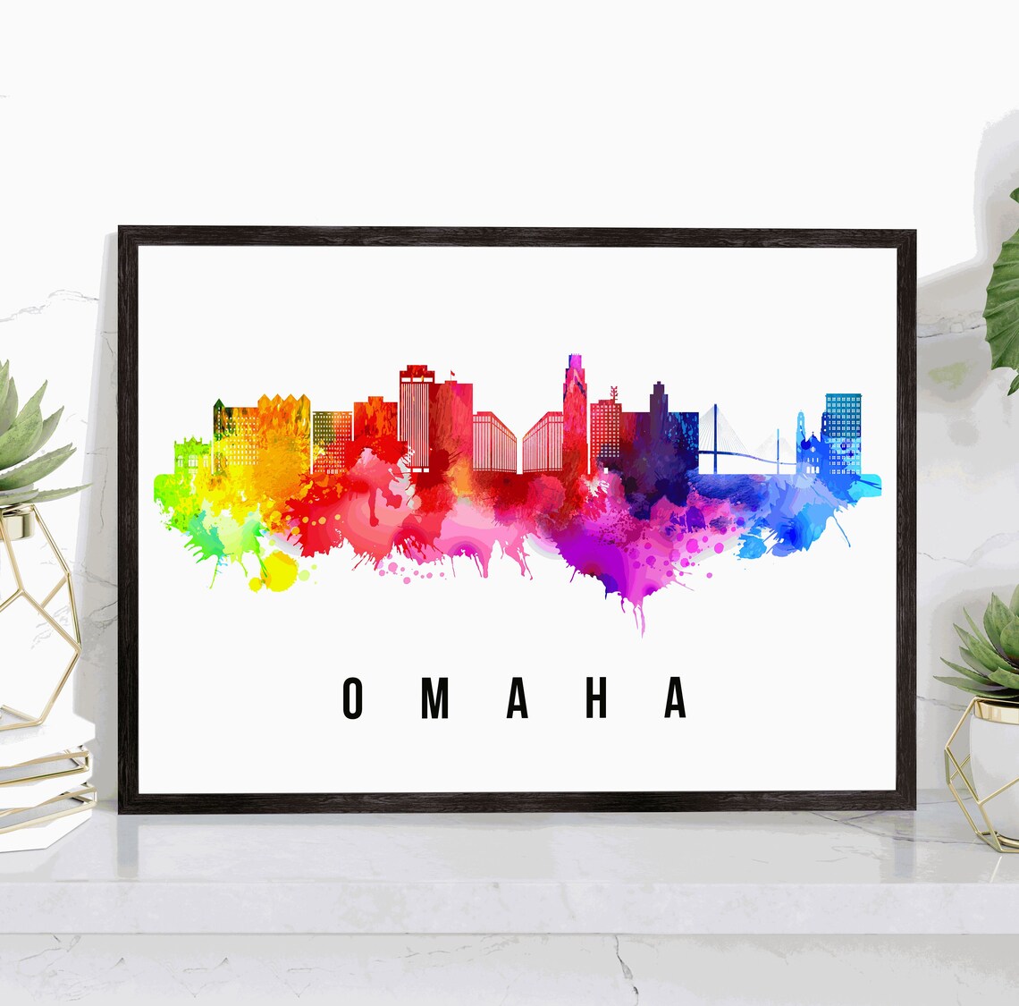 Omaha Nebraska Rainbow Watercolor Skyline Cityscape Travel Poster