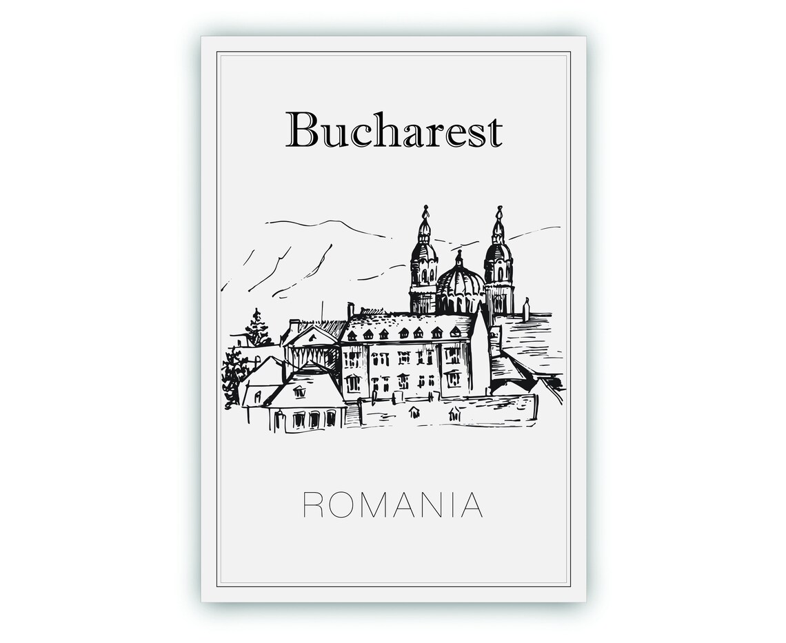 Bucharest Romania Historic Church Dome Twin Towers Sketch Poster - Image 2
