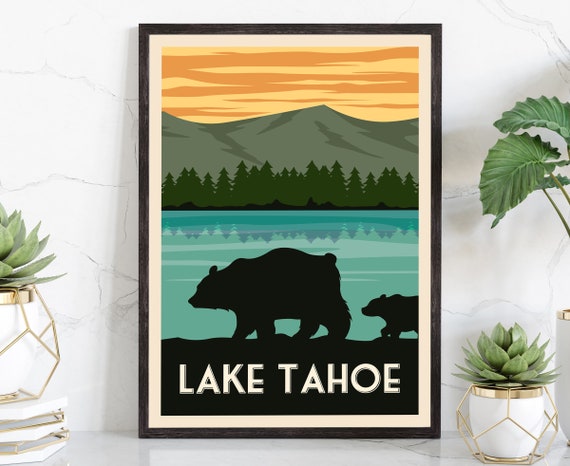 Retro Style Travel Poster Lake Tahoe Vintage Rustic Poster Print Home Wall Art Office Wall Decor Nevada Lake Tahoe State Map Poster