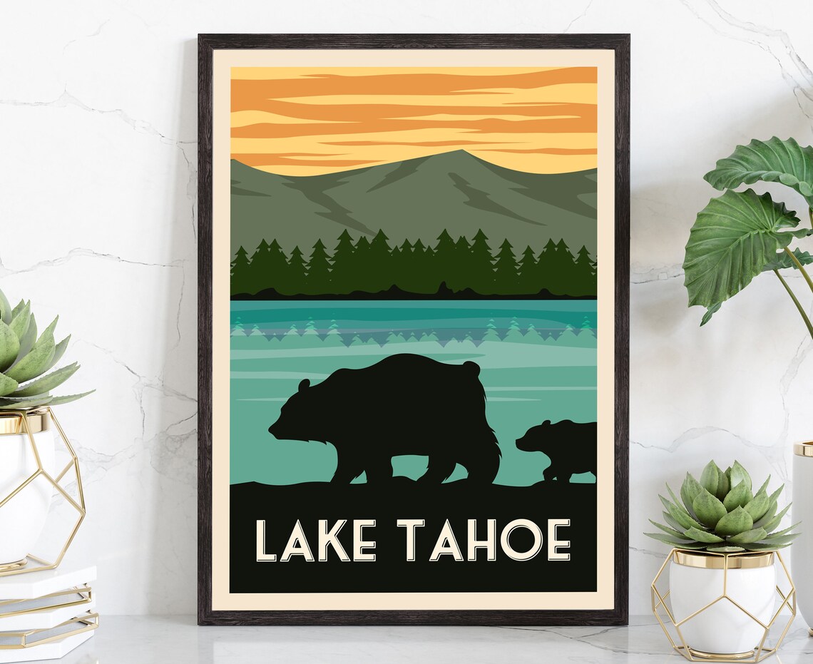 Lake Tahoe Vintage Bear Silhouette Sunset Mountains Travel Poster