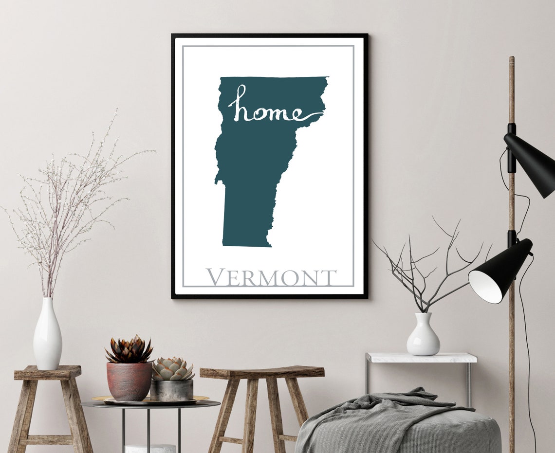 Vermont Modern Minimalist Teal Home Script Silhouette Wall Art - Image 3