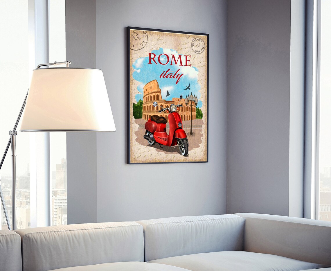 Rome Italy Vintage Colosseum Red Vespa Scooter Postcard Travel Poster - Image 4