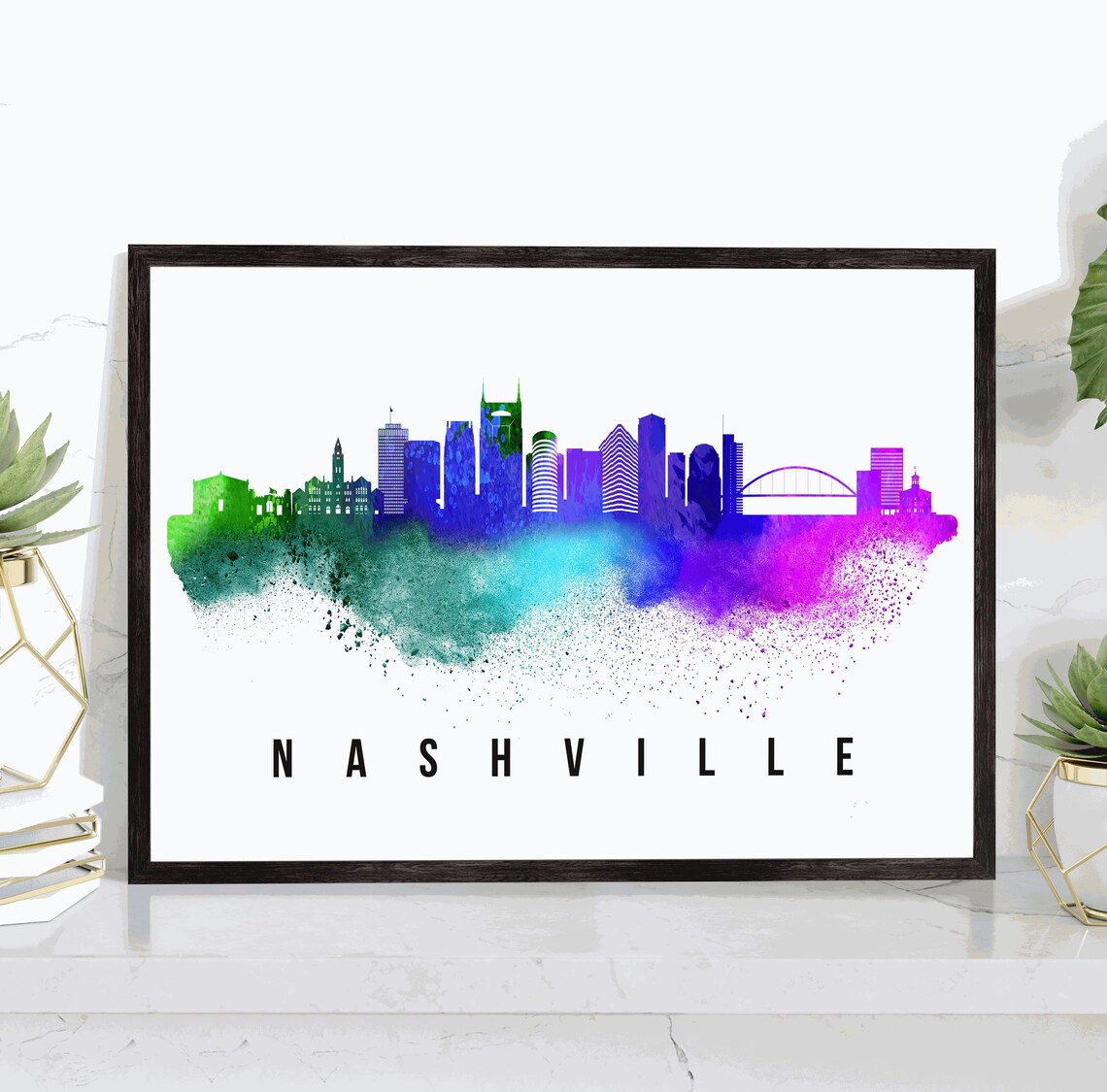 Nashville Tennessee Watercolor Skyline Rainbow Cityscape Art Poster