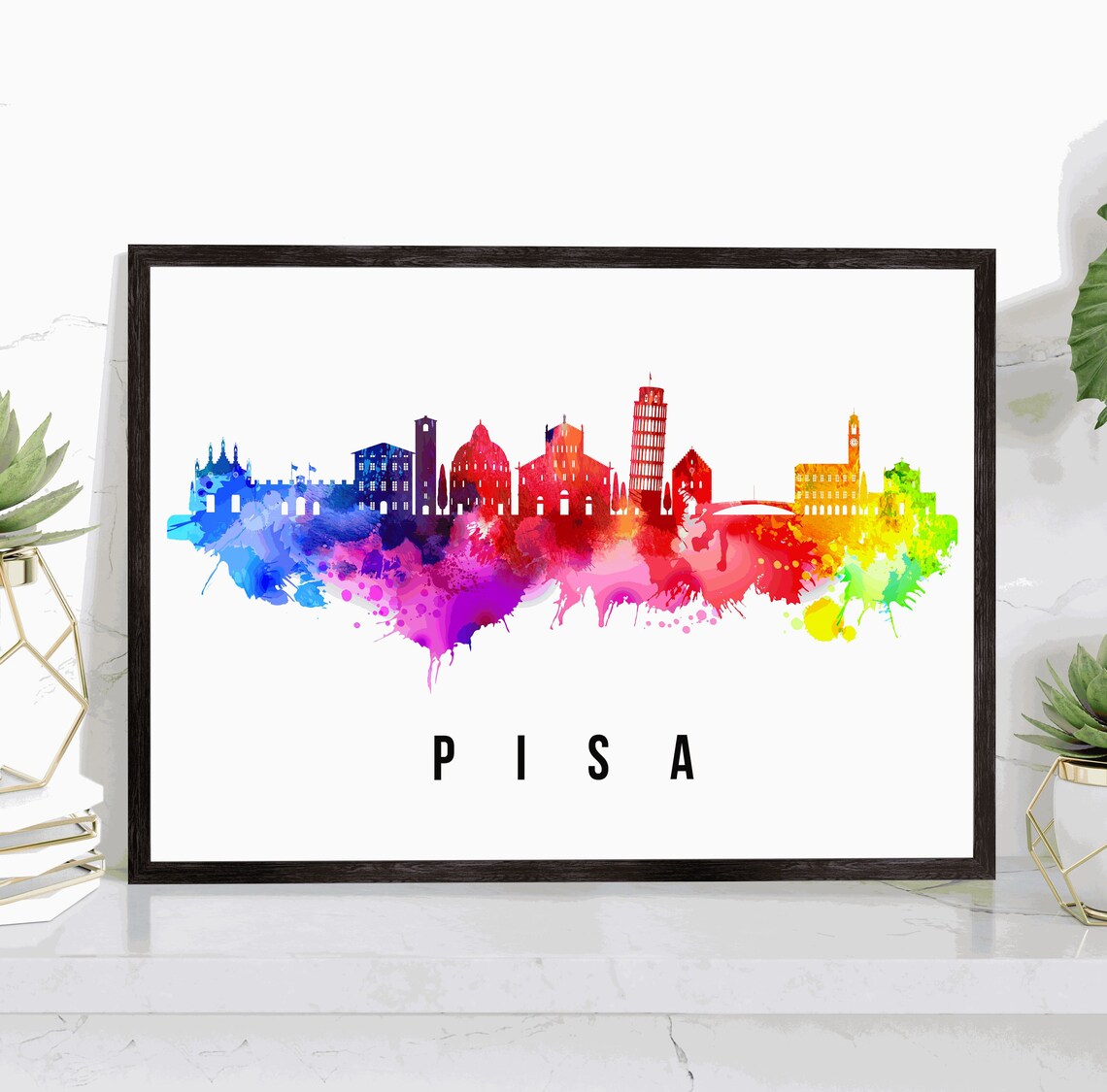 Pisa Italy Rainbow Watercolor Leaning Tower Skyline Silhouette Poster