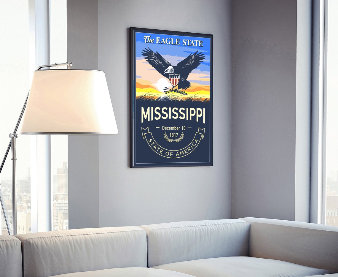 Mississippi Eagle State Bald Eagle Sunset Retro Emblem Travel Poster - Image 4