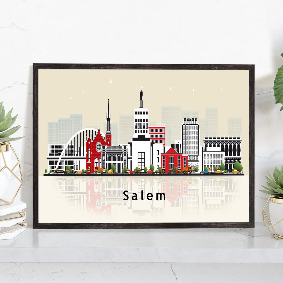Salem Oregon Skyline Flat Illustration City Landmark Art Travel Poster