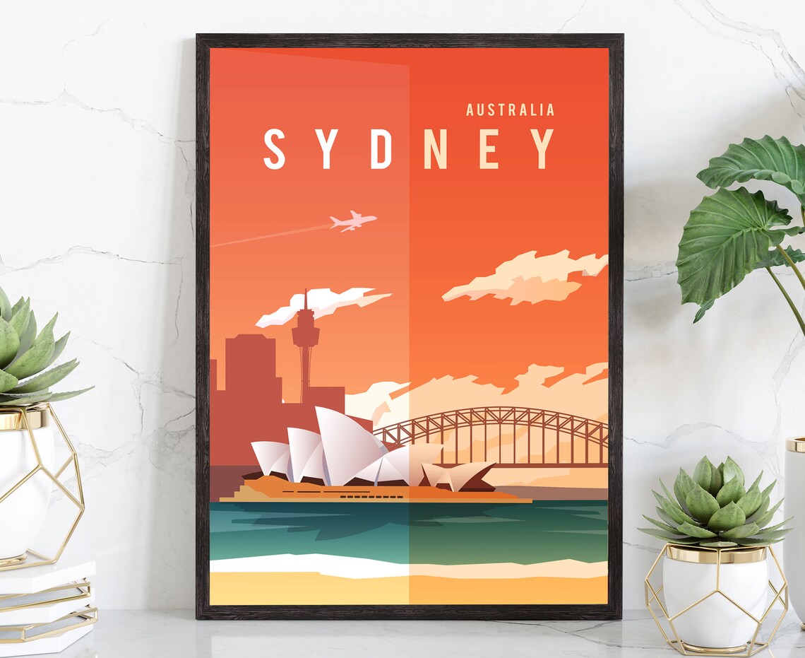 Sydney Australia Vintage Retro Travel Poster with Opera House View