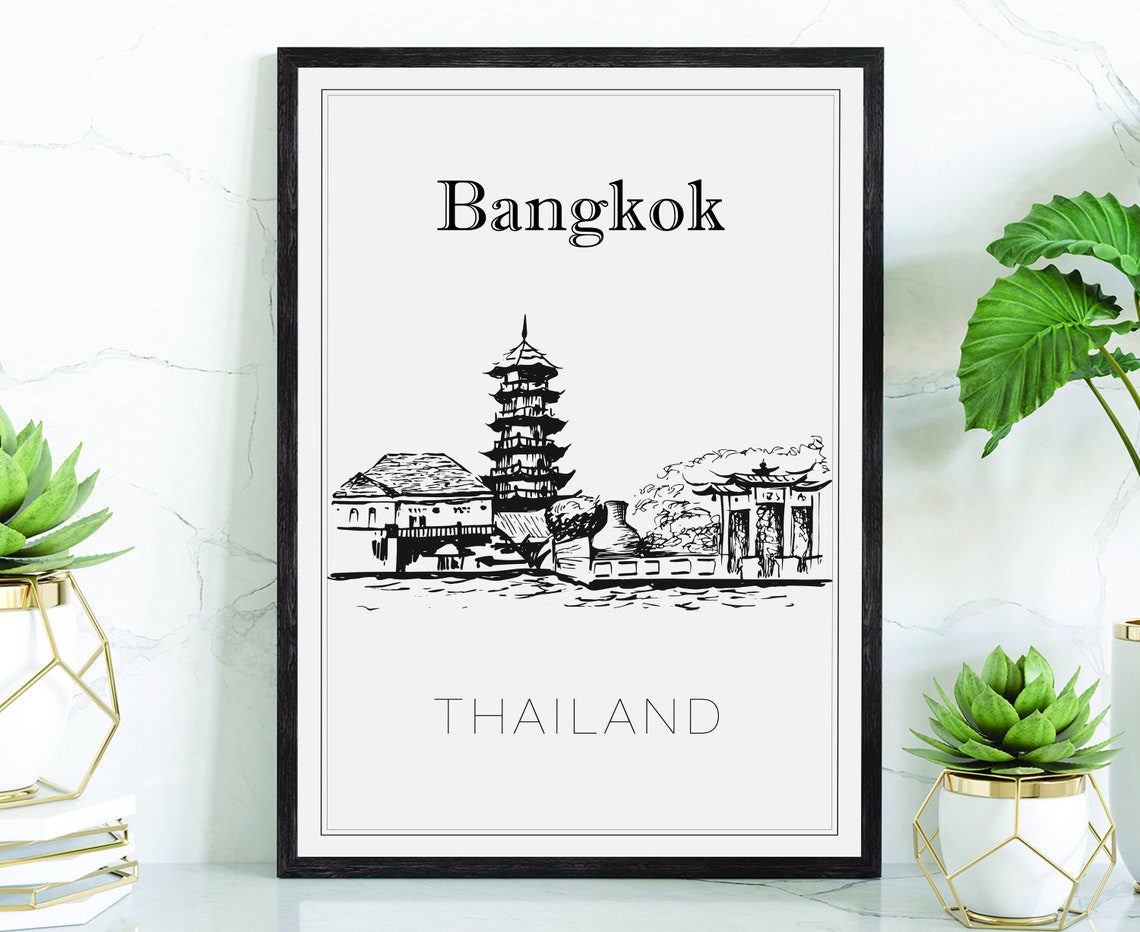 Bangkok Thailand Hand Drawn Temple Ink Sketch Skyline Wall Art