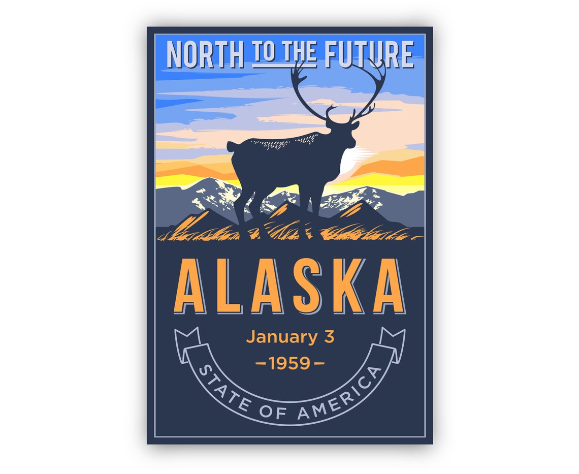 Alaska North to the Future Caribou Mountain Sunset Retro Poster - Image 2