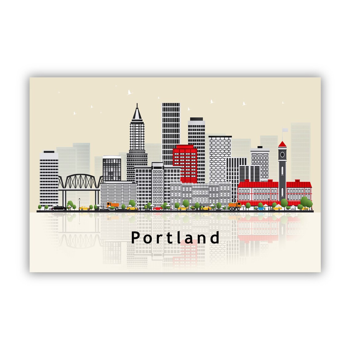 Portland Oregon Pink Watercolor Skyline Floral Illustration Art Poster - Image 2