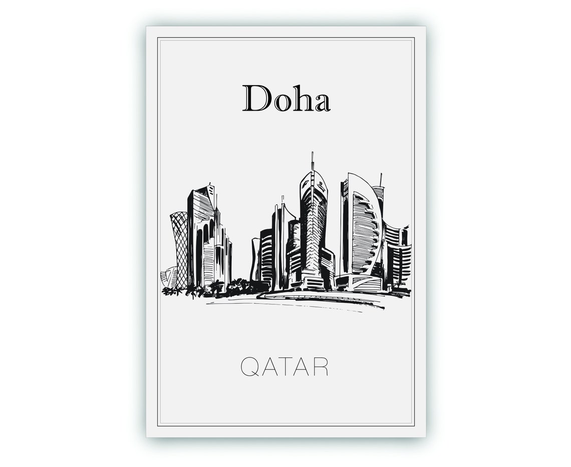Doha Qatar Hand Drawn Skyline Sketch Black White Line Art Poster - Image 2
