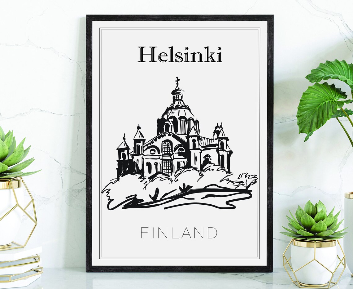 Helsinki Finland Cathedral Dome Senate Square Hand Drawn Poster