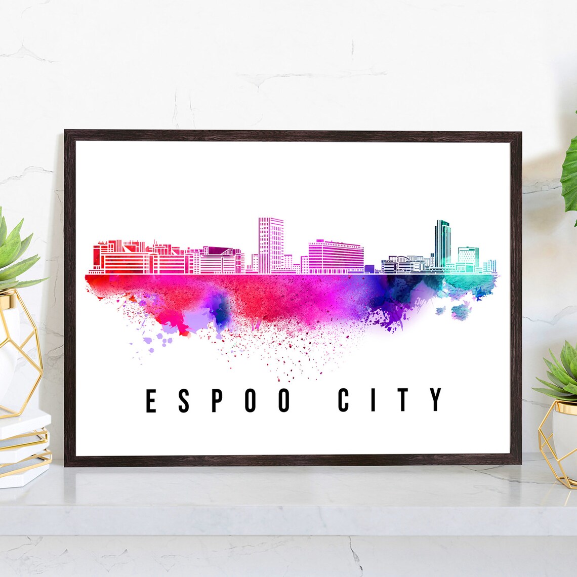 Espoo City Finland Skyline Watercolor Splash Modern Wall Poster