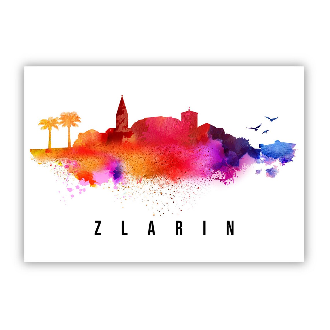 Zlarin Croatia Island Watercolor Skyline Church Palms Travel Poster - Image 2