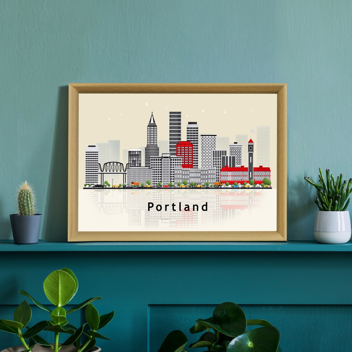 Portland Oregon Pink Watercolor Skyline Floral Illustration Art Poster - Image 3