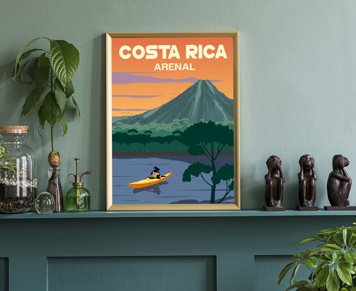 Costa Rica Arenal Volcano Sunset Lake Kayak Retro Travel Poster - Image 3