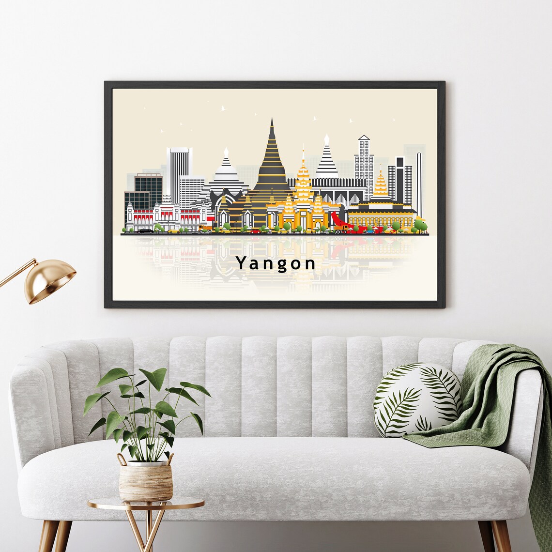 Yangon Myanmar Golden Pagoda Stupas Skyline Illustration Travel Poster