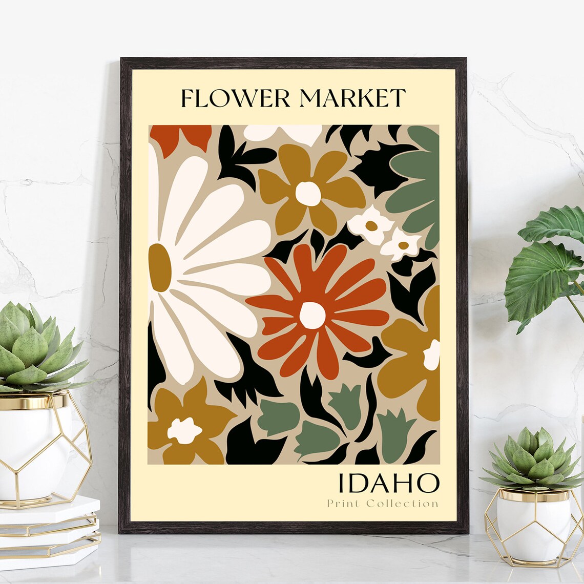 Idaho Flower Market Retro White Daisy Rust Bloom Botanical Art Poster