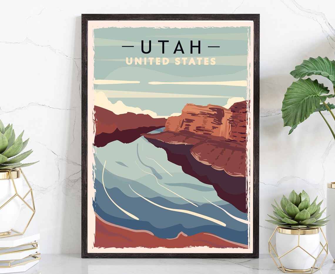 Utah Red Rock Canyon River Bend Vintage Retro Travel Poster Wall Art