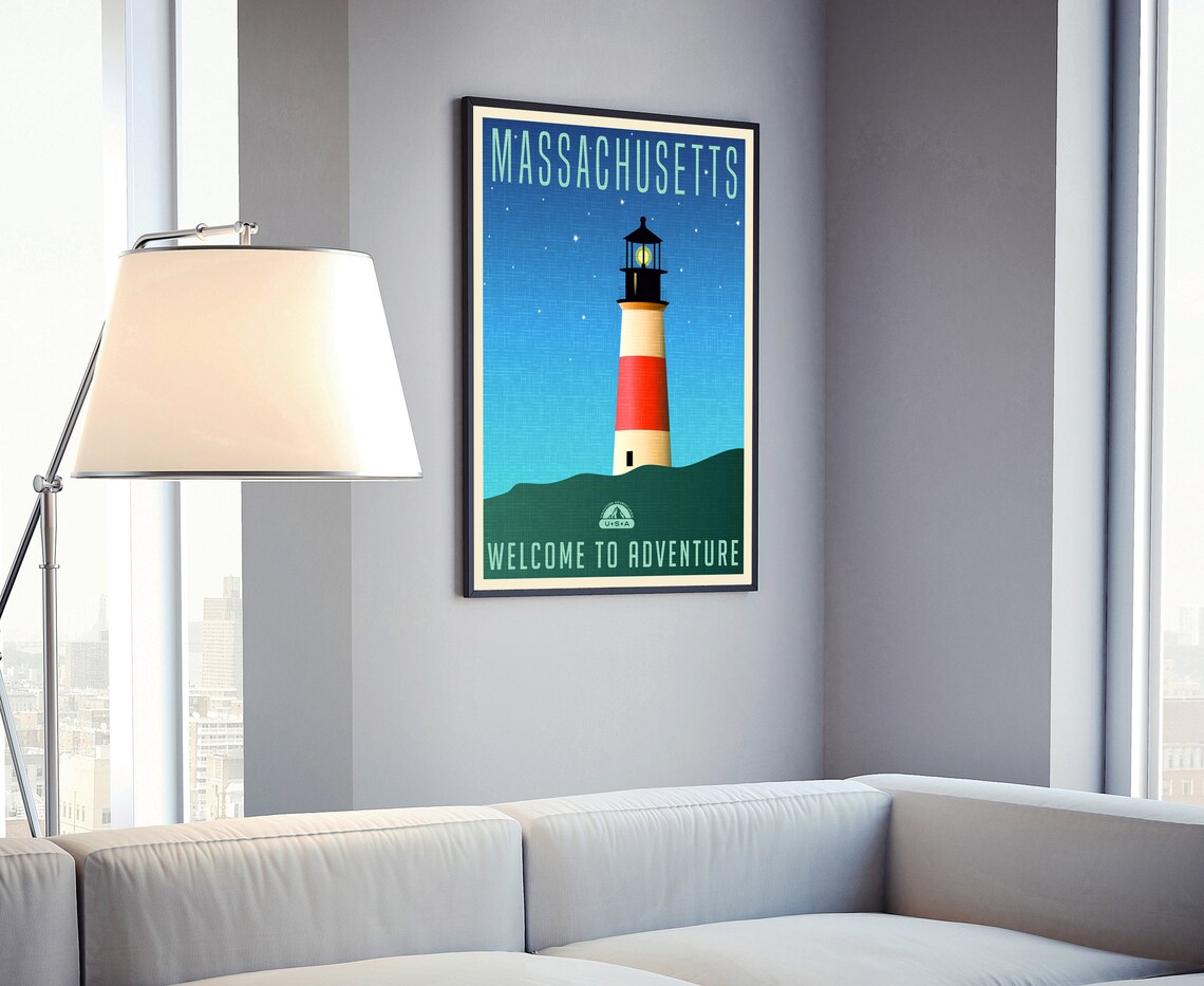Massachusetts Lighthouse Night Sky Retro Coast Travel Poster - Image 4