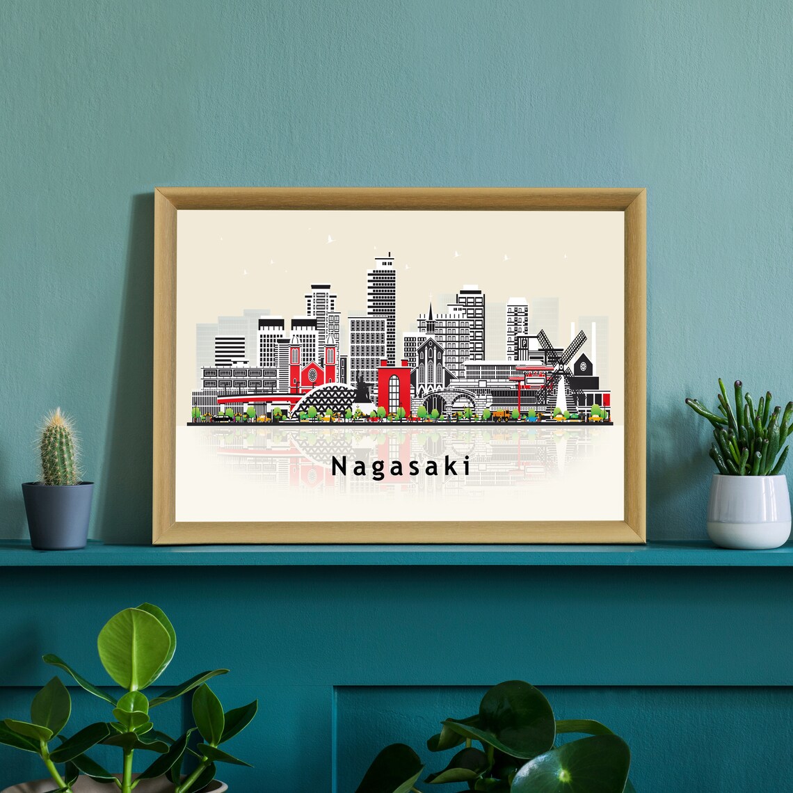 Nagasaki Japan Historic Skyline Flat Vector Illustration Poster - Image 3