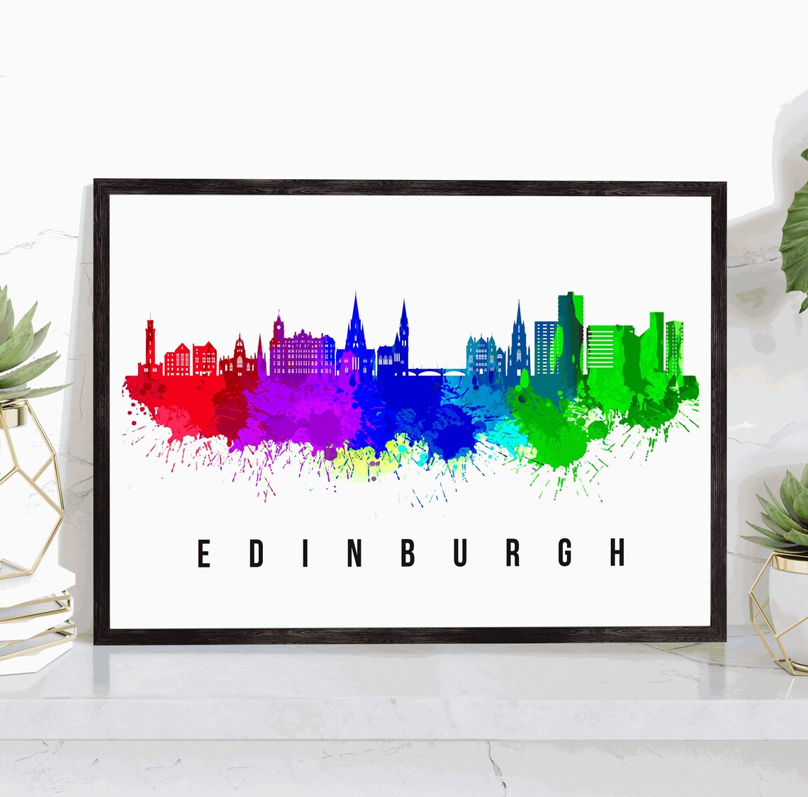 Edinburgh Scotland Rainbow Watercolor Castle Skyline Silhouette Poster