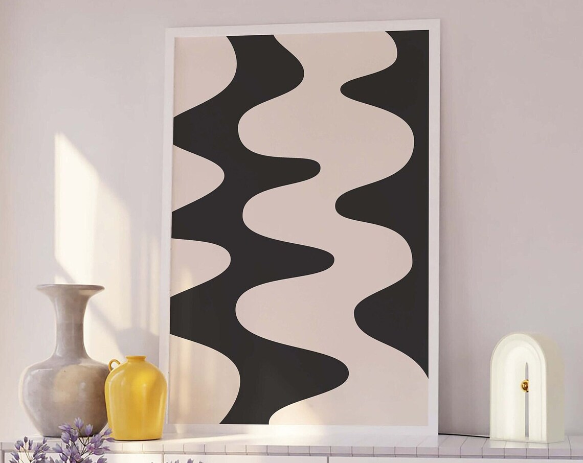 Black Cream Bold Groovy Wavy Lines Minimalist Abstract Art Poster