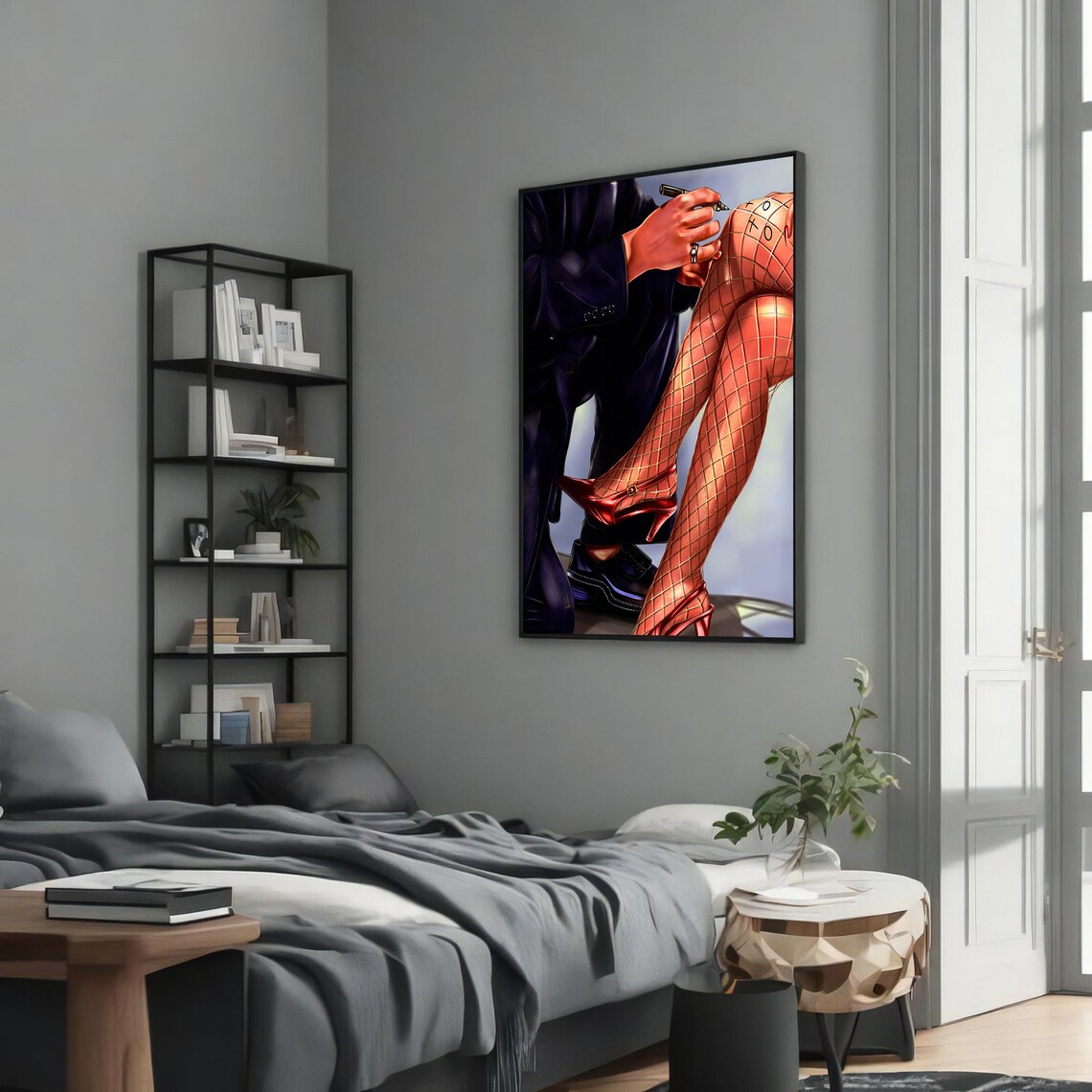 Seductive Red Heels Fishnet Stockings, Erotic Painting