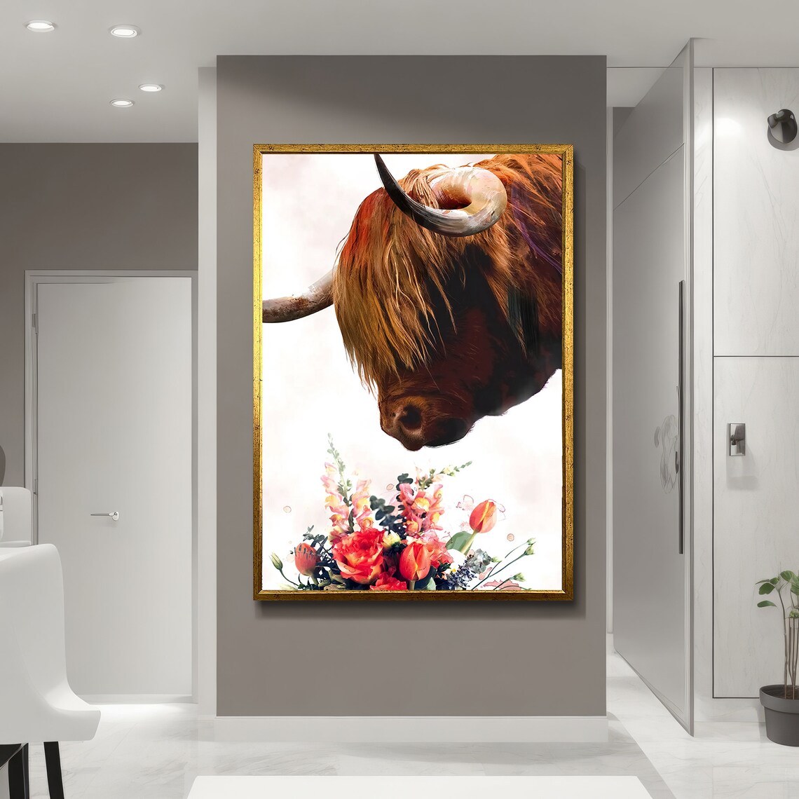 Highland Cow With Flowers Painting, Nature Gift - Image 5
