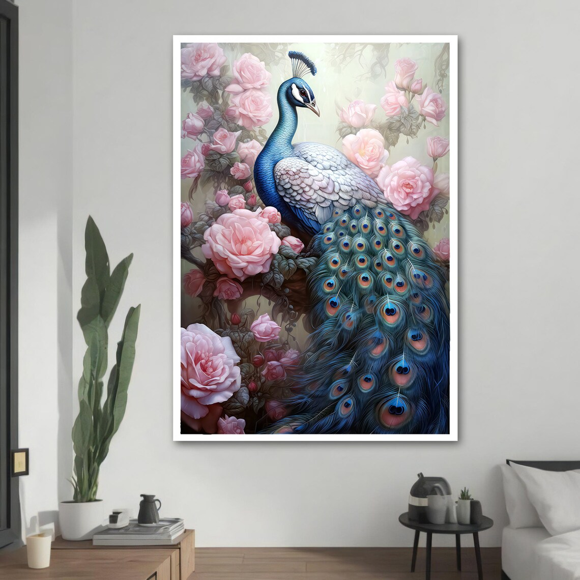 Elegant Peacock With Roses, Luxury Animal Art - Image 2