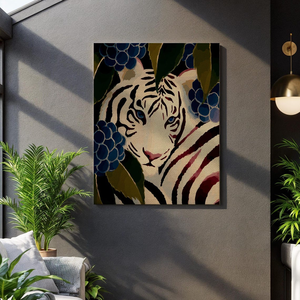 White Tiger Jungle Leaves Big Cat Portrait Wildlife Art Poster