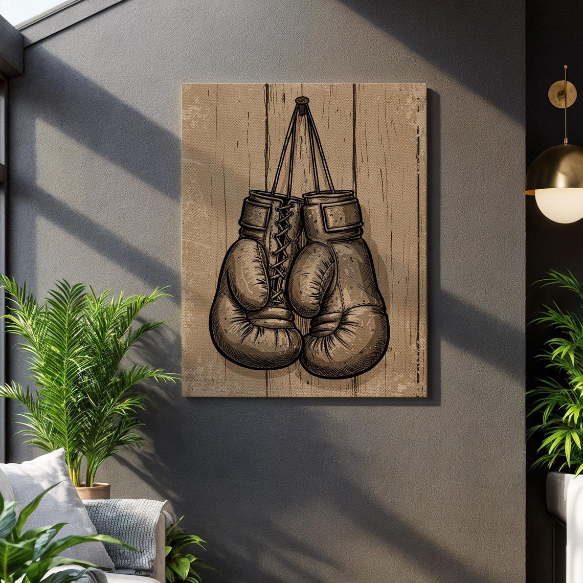 Vintage Boxing Gloves Hanging Sepia Engraving Style Sports Poster