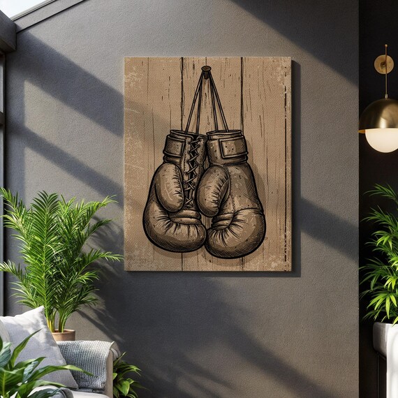 Vintage Boxing Gloves Hanging Sepia Engraving Style Sports Poster