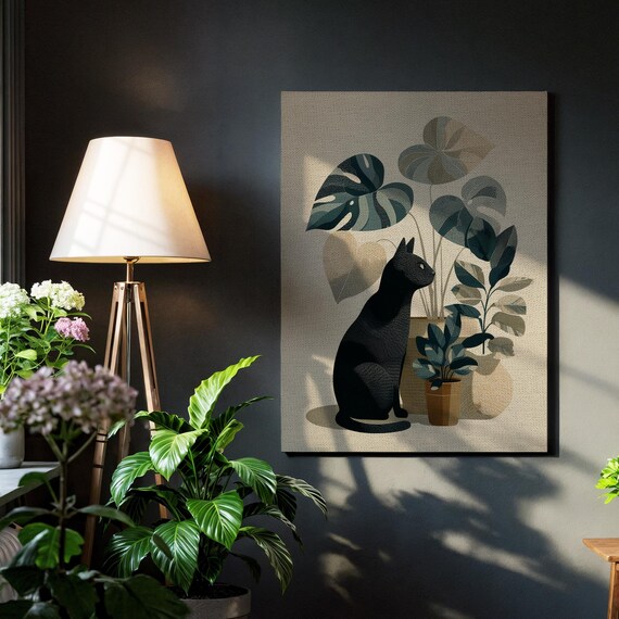 Black Cat Houseplant Greenery Indoor Decor Framed Feline Design Botanical Pet Image Urban Jungle Display Peaceful Cozy Home Gift