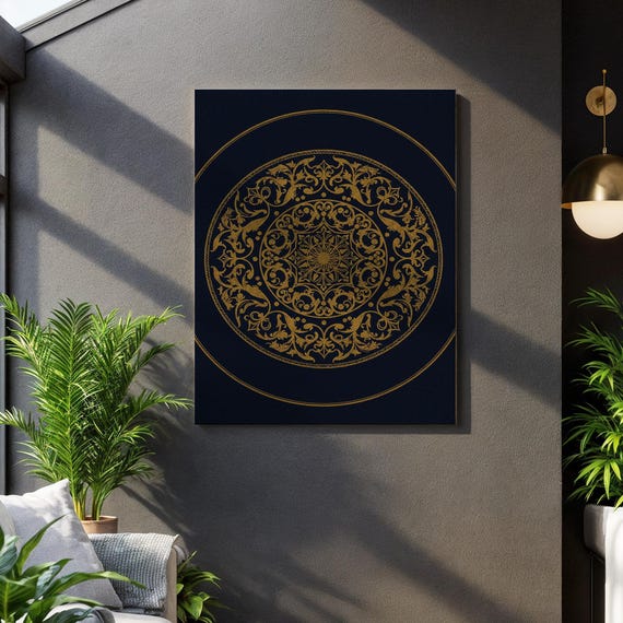 Gold Mandala Canvas Wall Art Elegant Ornamental Pattern On Navy Background Framed Islamic Geometric Design For Luxe Home Decorunique Gift