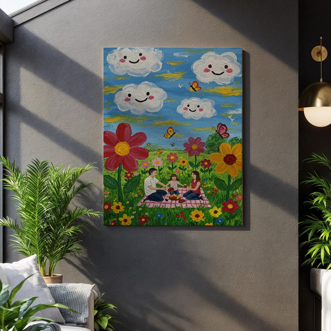 Whimsical Family Picnic Among Giant Flowers Smiling Clouds Kids Wall Art