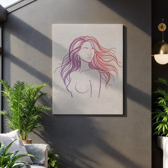 Minimalist Woman Line Art Flowing Pink Hair Modern Art Poster