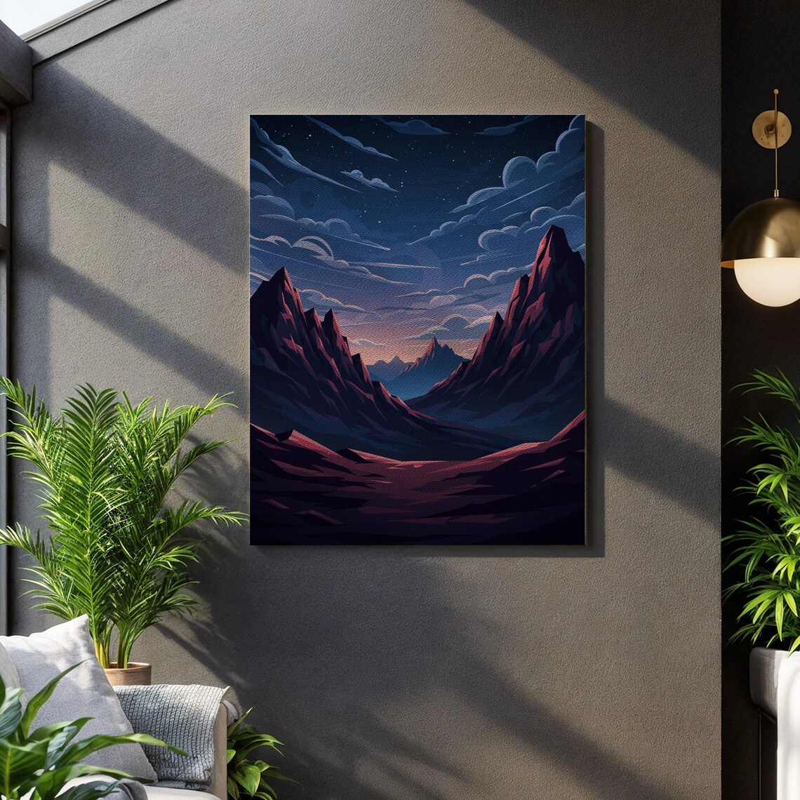 Mystic Mountain Valley Art Print, Moody Night Sky