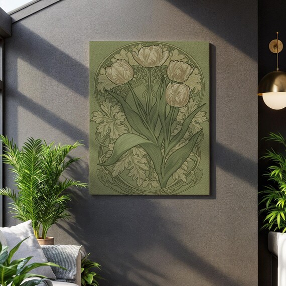 Vintage Botanical Tulip Canvas Wall Art Muted Green Floral Illustration Print Elegant Nature Decor Framed Minimalist Plant Artwork