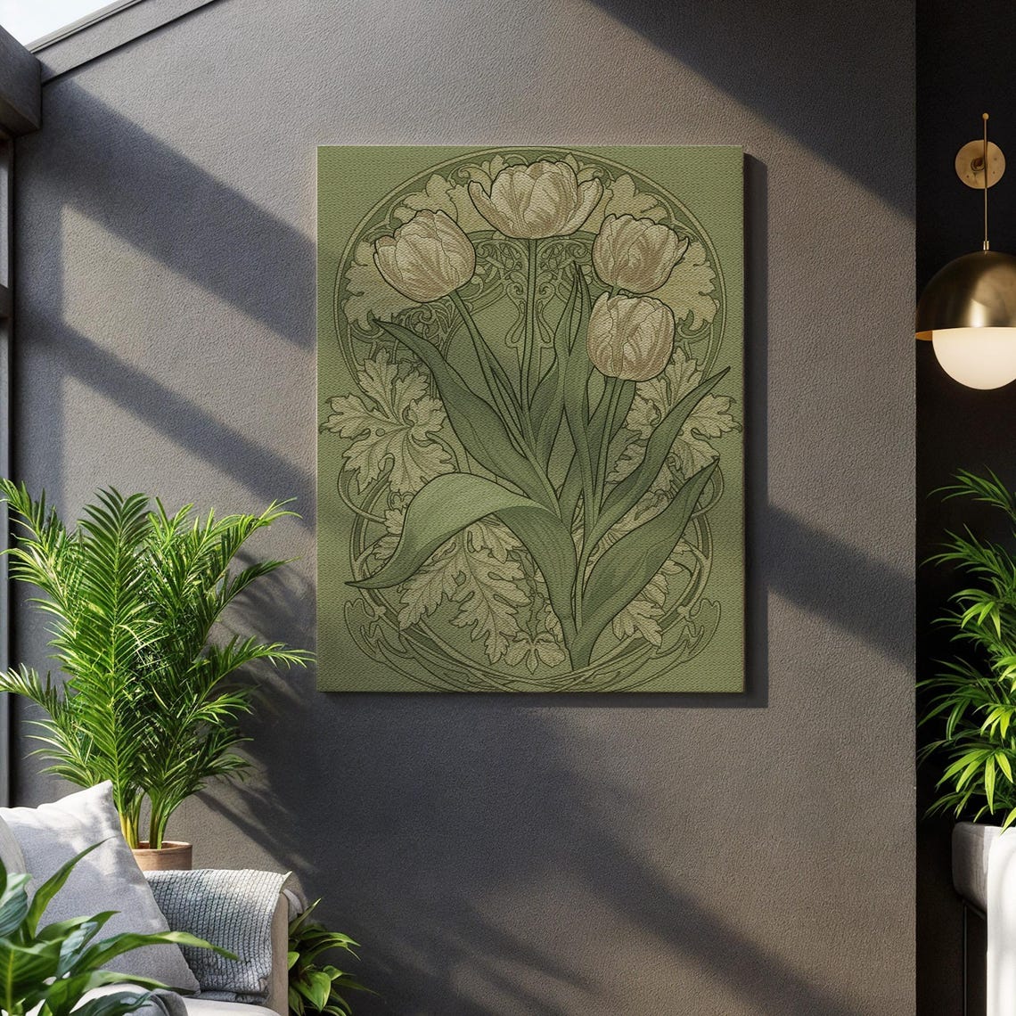 Art Nouveau Tulip Flower Vintage Botanical Muted Green Wall Art