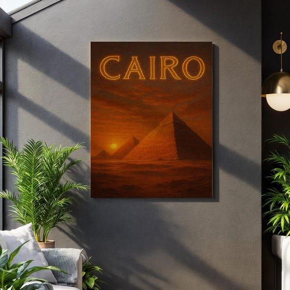 Cairo Pyramids Canvas Wall Art Desert Sunset Egypt Print Ancient Landmark Illustration Framed African Travel Decor For Cultural Homes